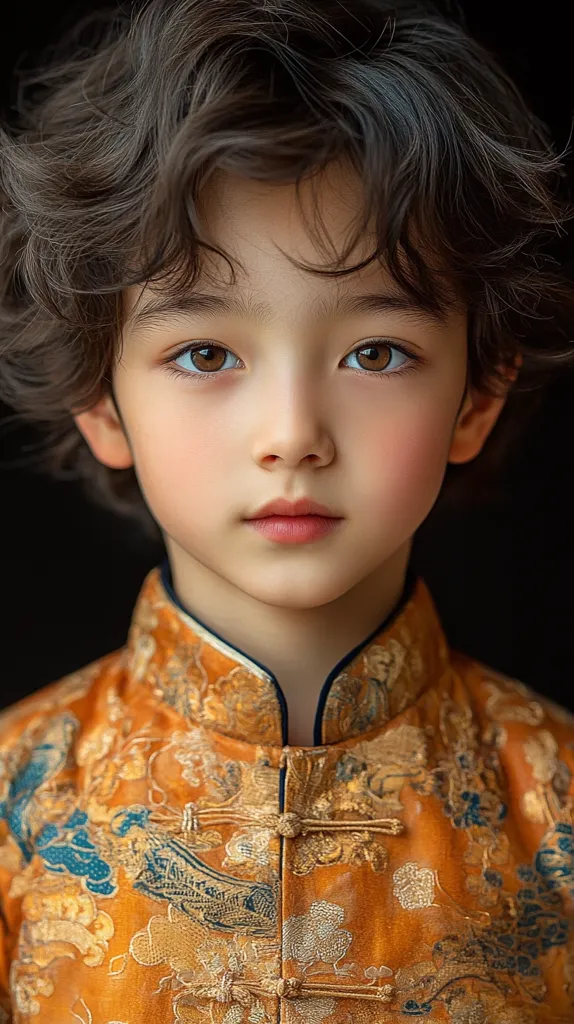 A young boy with dark, curly hair stares intensely at the camera. His face is soft and innocent, with large brown eyes and rosy cheeks. He is wearing a traditional Chinese garment with intricate gold embroidery, highlighting the richness of the fabric and design. The backdrop is a simple black, emphasizing the boy's features and clothing. The image captures a sense of poise and solemnity, hinting at the cultural significance of the attire.
