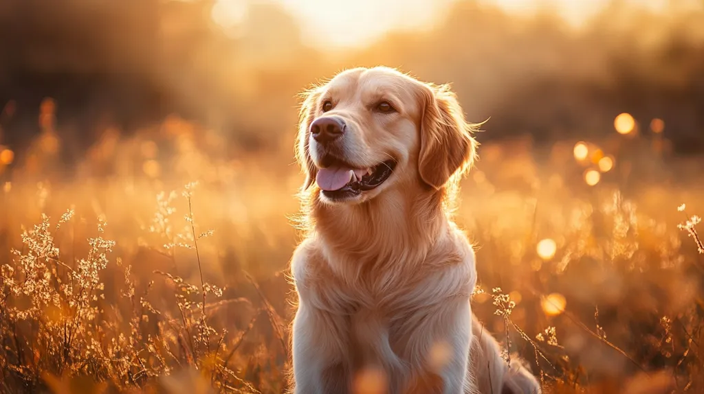 A golden retriever dog sits in a field of tall grass, bathed in the warm glow of the setting sun. The dog's fur is a rich golden color, and its eyes sparkle in the light. The dog is looking off to the side, with a gentle expression on its face. The image captures the beauty and tranquility of a summer evening.