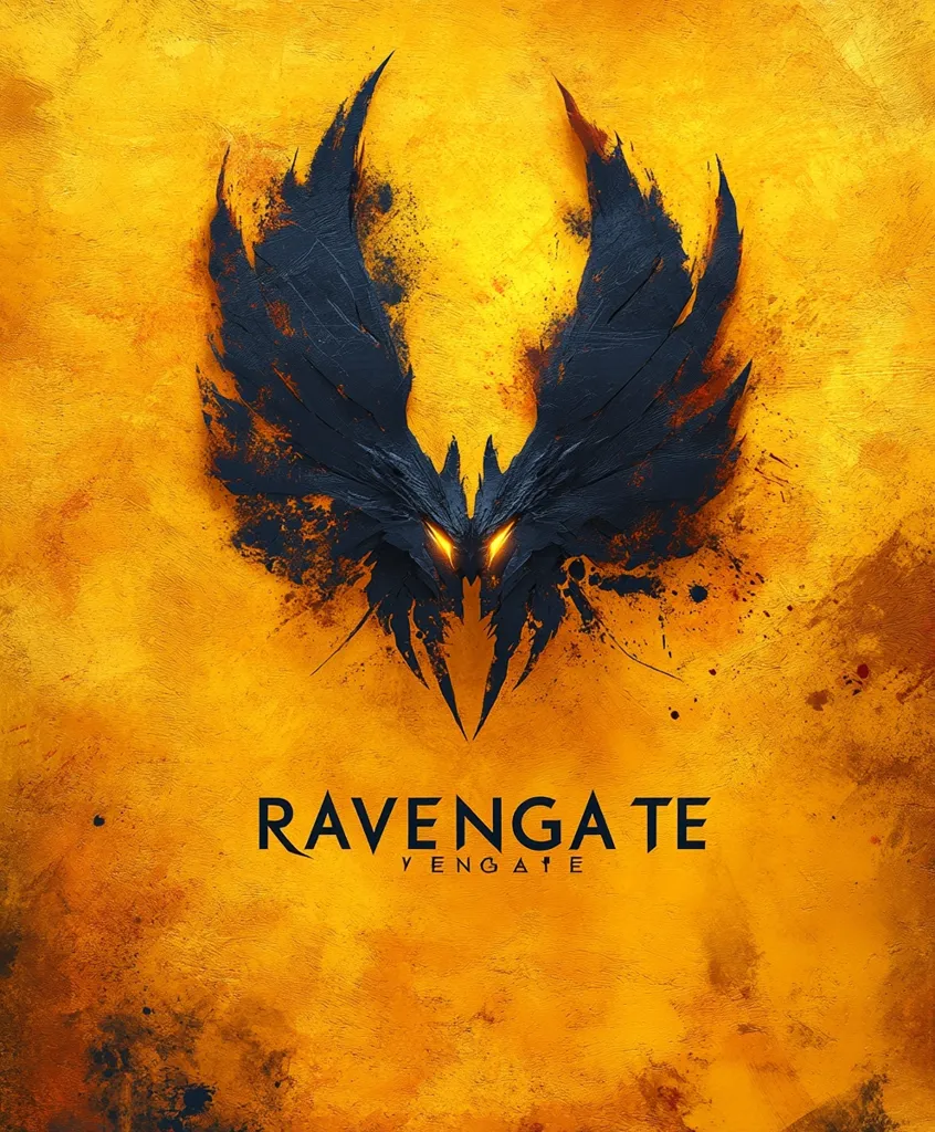 The image features a black, stylized bird of prey with glowing yellow eyes, its wings outstretched against a bright yellow background. The creature's sharp beak is pointed downward, creating a sense of aggression. Below the bird, in bold white letters, is the word "RAVENGATE" with "YENGATE" in smaller letters underneath. The overall tone of the image is dark and powerful, conveying a sense of danger and menace. The yellow background adds a touch of warmth and vibrancy, creating a stark contrast with the black bird. The image appears to be a logo or a poster for a game or a brand.