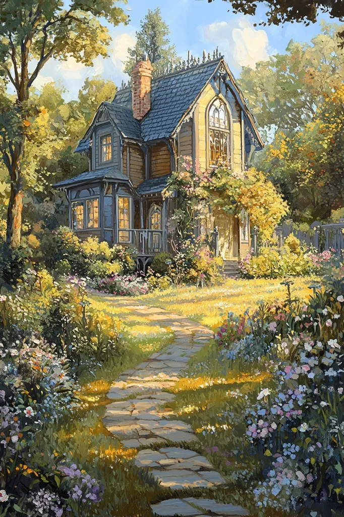 A quaint, two-story cottage with a steeply pitched roof and intricate details sits in a lush, green garden. The house is surrounded by colorful flowers, vibrant green bushes, and a winding stone pathway. Sunlight casts long shadows on the path, creating a warm and inviting atmosphere. The scene evokes a sense of peace and tranquility, suggesting a hidden haven in the heart of nature.