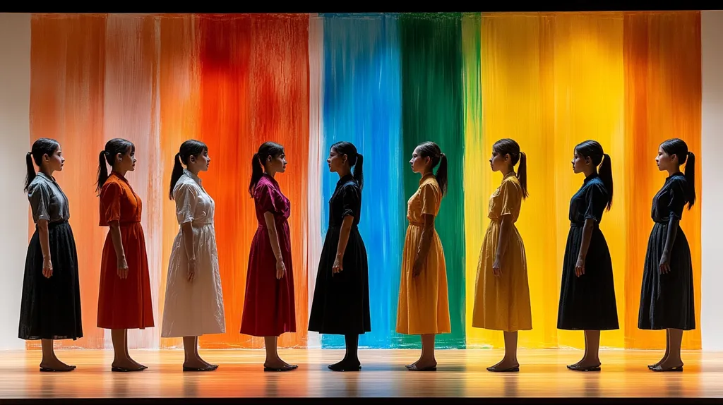 Nine women stand in a row, each facing a different colored vertical panel, creating a visual representation of a rainbow. They are wearing dresses in various colors, their hair pulled back in ponytails, and they are looking straight ahead. The women stand on a wooden floor, with a painted wall behind them.  The image is stylized and captures a sense of unity and harmony.