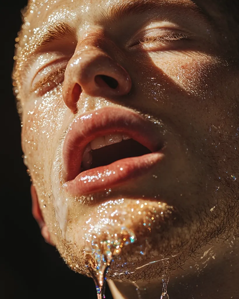 A close-up of a man's face, glistening with water droplets, his mouth open in a silent scream. The light catches the water, creating a shimmering effect on his skin. The focus on the water and the intense expression creates a sense of vulnerability and fragility.  The image is both beautiful and unsettling, evoking a sense of mystery and emotion.