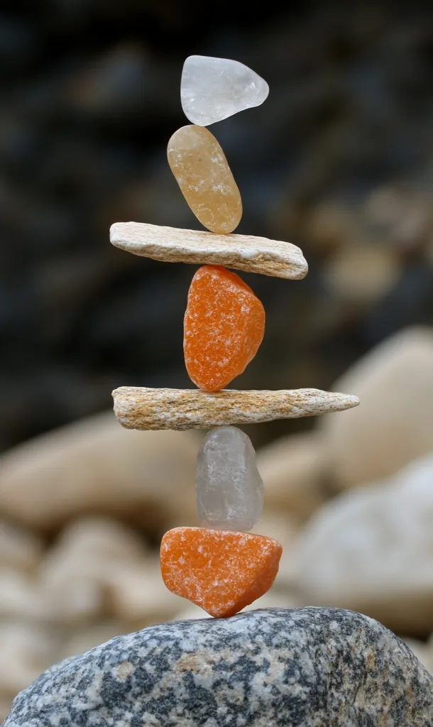 A small tower of six stones is balanced precariously on top of a larger, grey rock. The tower is made up of two flat stones, two round orange stones, one flat, pale yellow stone, and one clear, slightly translucent stone. The stones are arranged in a symmetrical pattern, with the clear stone at the top. The background is a blurry image of a rocky surface. The tower is a testament to the power of balance and the beauty of natural elements.