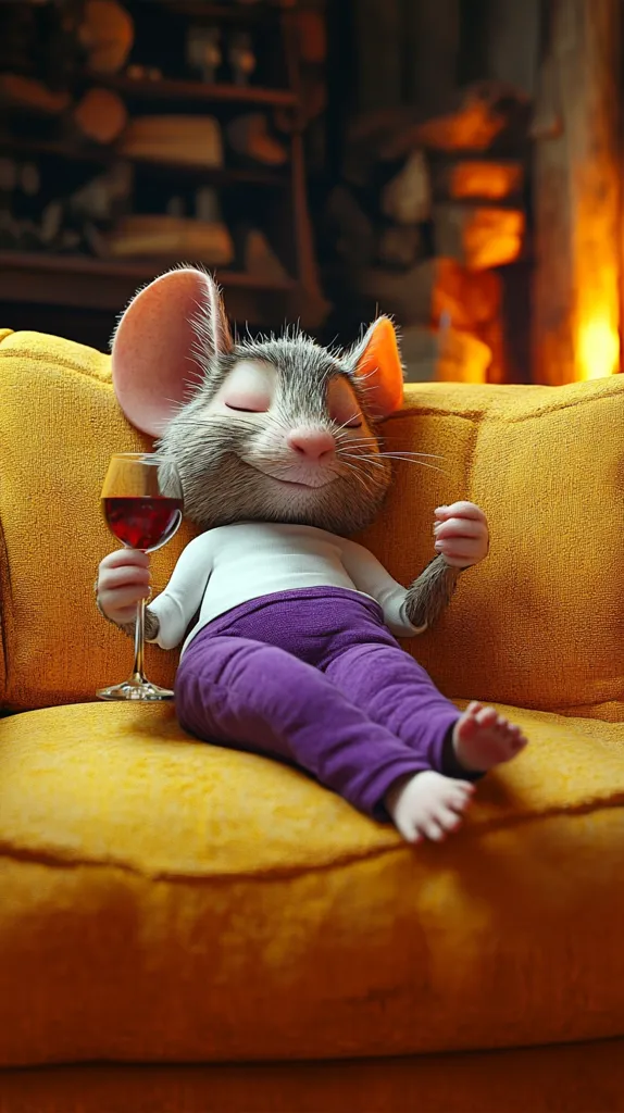 A cartoon mouse wearing purple pants and a white shirt sits on a yellow armchair, eyes closed, with a glass of red wine in its hand. It is relaxing with its feet up, looking content and enjoying a cozy moment in its living room. A warm fireplace glows in the background.