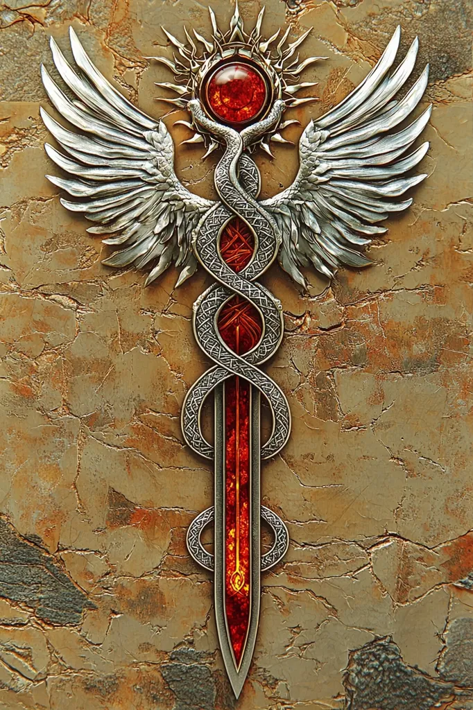 The image depicts a stylized symbol of a winged serpent entwined around a sword. The serpent's head is positioned at the top, facing a red gem within a sunburst. The serpent's body is intricately patterned, and the sword's blade glows with an inner fire. The design is rendered in silver and red, against a background of weathered stone.  The symbolism evokes themes of power, protection, and spiritual strength.