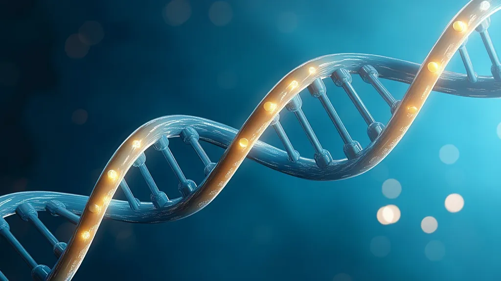 The image shows a 3D representation of a DNA double helix. The helix is rendered in a blue and gold color scheme, with the gold highlighting the bonds between the strands. The background is a soft blue with out-of-focus light orbs, creating a sense of depth and space. The image conveys a modern and scientific aesthetic, emphasizing the complex and beautiful structure of DNA.