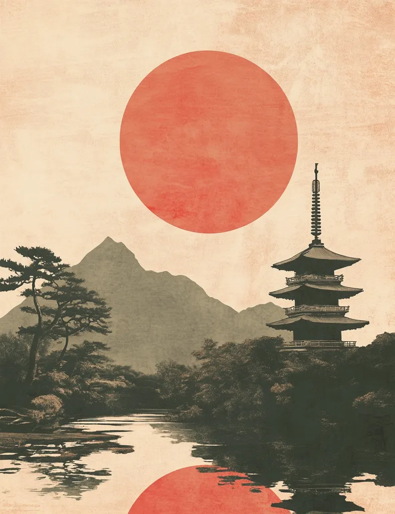 A traditional Japanese pagoda stands tall against a backdrop of a mountain and a large, red sun. A winding river flows through the scene, reflecting the sun in the water. The image is stylized in a minimalist, graphic style with muted colors. The overall impression is serene and peaceful, evoking the tranquility of nature and the serenity of Japanese culture.
