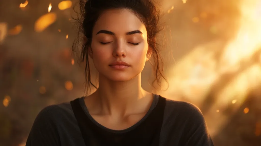 A woman with dark hair and a black shirt is looking down with her eyes closed. Her face is serene, and the background is a warm, golden blur. The overall mood is peaceful and contemplative.  She appears to be meditating, with a soft golden light illuminating her features. The bokeh in the background creates an ethereal and dreamy atmosphere.