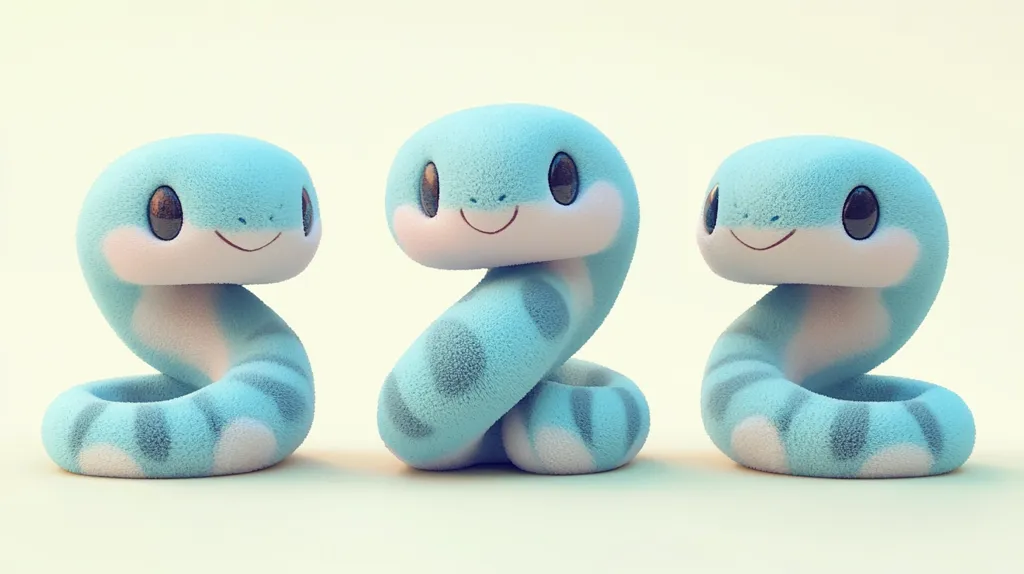 Three blue and white plush snake toys are arranged in a row, facing the viewer. They are all curled up in a similar fashion, with their heads tilted slightly upwards. Their eyes are big and black, and their mouths are slightly open in a smiling expression. The background is a light yellow. The snakes are soft and cuddly, making them perfect for cuddling or playing.