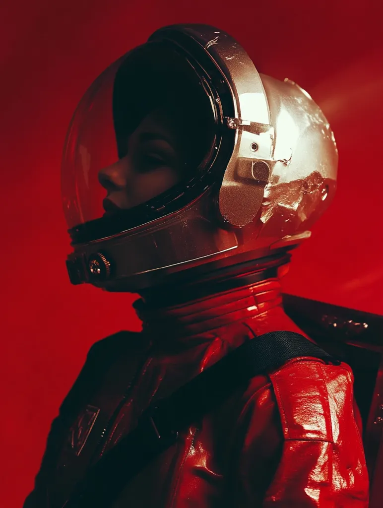 A person in a red leather space suit and silver helmet is silhouetted against a red background. The helmet is scratched and shows wear and tear. The person is looking to the left, their face is obscured by the helmet's visor. The lighting is dramatic, creating strong shadows. The image has a futuristic and cinematic feel.