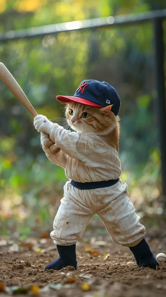 A cat in a baseball uniform, complete with a cap and socks, swings at a wooden bat. The cat's stance is relaxed and playful, as if it's enjoying the game. The background is blurred, focusing the attention on the feline athlete. The cat's expression is focused, suggesting it's ready to hit a home run.
