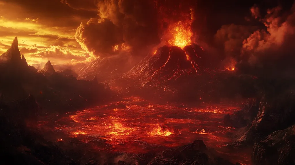 A fiery volcanic landscape stretches out beneath a dramatic, orange sky. A large volcano erupts in the distance, spewing lava and smoke. The foreground is a river of molten rock, flowing through jagged, dark rocks. The scene is one of raw, untamed power and heat.
