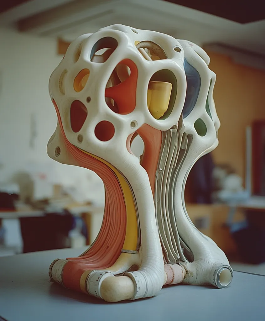 A white, organic-looking sculpture with a honeycomb-like structure sits on a table. It has colorful internal tubes of red, orange, yellow, and blue. The sculpture resembles a head with a complex internal system. The background is blurred, suggesting a studio or workshop setting. The sculpture has a futuristic and abstract feel.