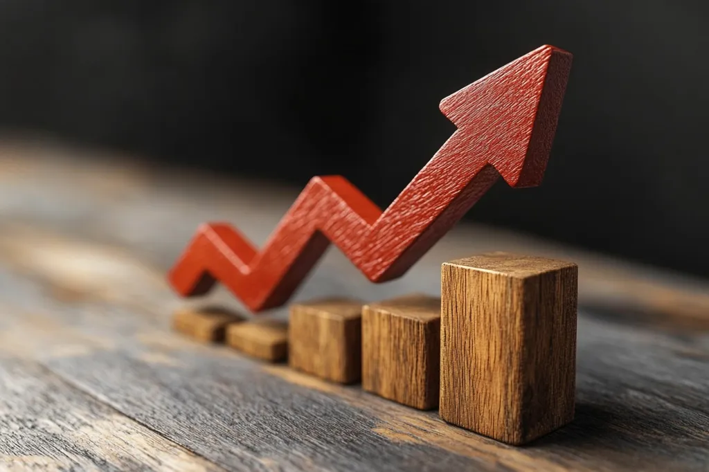 A red arrow pointing upwards is placed on top of a wooden bar chart. The chart is made of four wooden blocks of increasing height. The blocks are placed on a wooden surface, suggesting growth and progress. The image represents the concept of upward trend, success, and positive development.