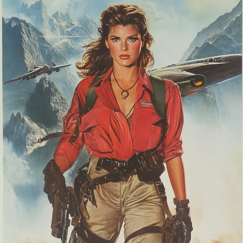 The image depicts a woman with long brown hair, wearing a red shirt, tan pants, and a black leather jacket. She has a serious expression on her face and is holding a gun. She is standing in front of a mountainous landscape with two airplanes flying overhead. The overall feeling is one of adventure and danger.