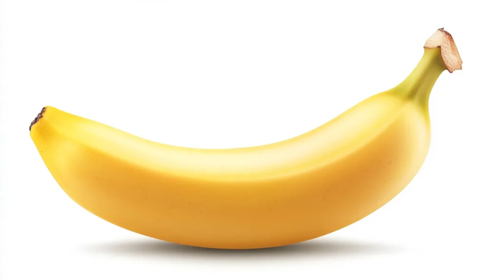 A single, ripe banana lies on its side against a white background. The banana is yellow and curved, with a slightly brown stem. It has a smooth, glossy texture and casts a soft shadow. The image is simple, clean, and highlights the banana's vibrant color.