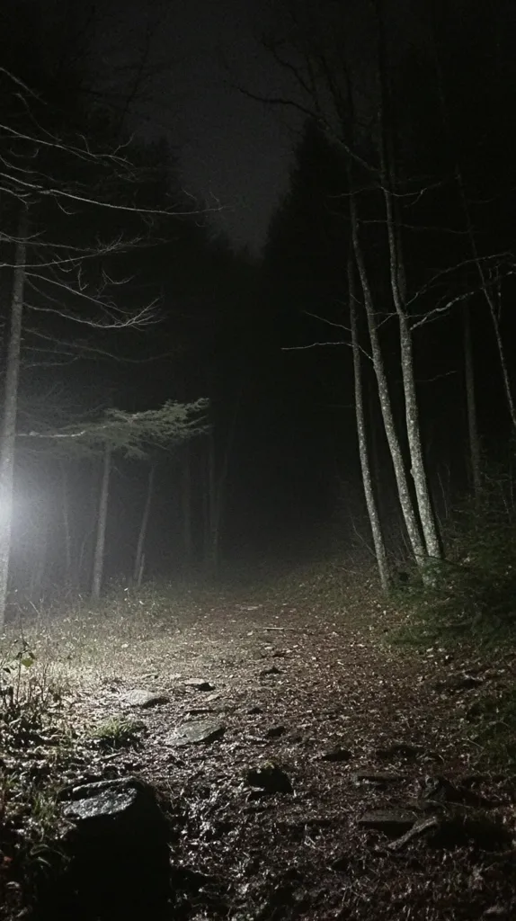 A dark forest path illuminated by a faint light source. Tall, slender trees stand on either side, their branches reaching towards the sky. The ground is covered in a layer of leaves and dirt, damp from the recent rain. A sense of mystery and solitude pervades the scene.