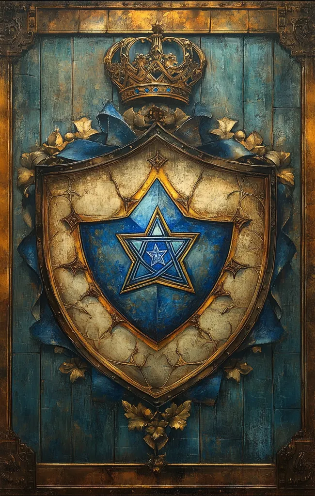 A royal crest with a golden crown sits atop a shield, surrounded by ornate, golden vines and blue fabric.  The shield features a blue, star-shaped design with a white center and a gold rim.  The background is a weathered, teal wood with a golden trim.  The overall effect is one of ancient regality and power.