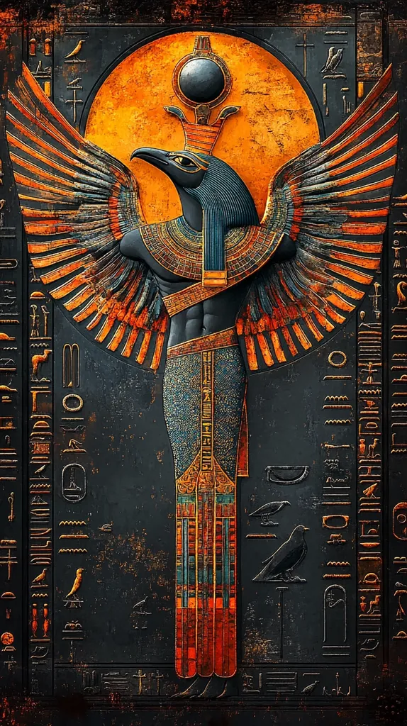 The image depicts an Egyptian deity, likely a god or goddess, with the head of a bird and the body of a human. The figure is adorned in ornate jewelry and clothing, including a crown and elaborate wings. The background is a dark, textured surface with Egyptian hieroglyphics and symbols. The overall image is one of power, divinity, and ancient Egyptian culture.