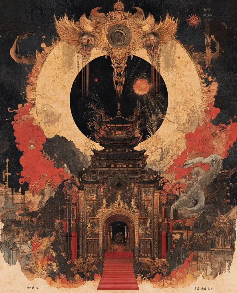 The image depicts a fantastical and ominous scene. A large, ornate gate stands in the foreground, leading to a red-carpeted path that disappears into the distance. Above the gate, a circular orb dominates the composition, its black surface punctured by a fiery red star. A monstrous, demonic creature with glowing eyes and bared teeth is situated within the orb. The entire scene is enveloped in a swirling, smoke-like haze, creating an atmosphere of mystery and dread.