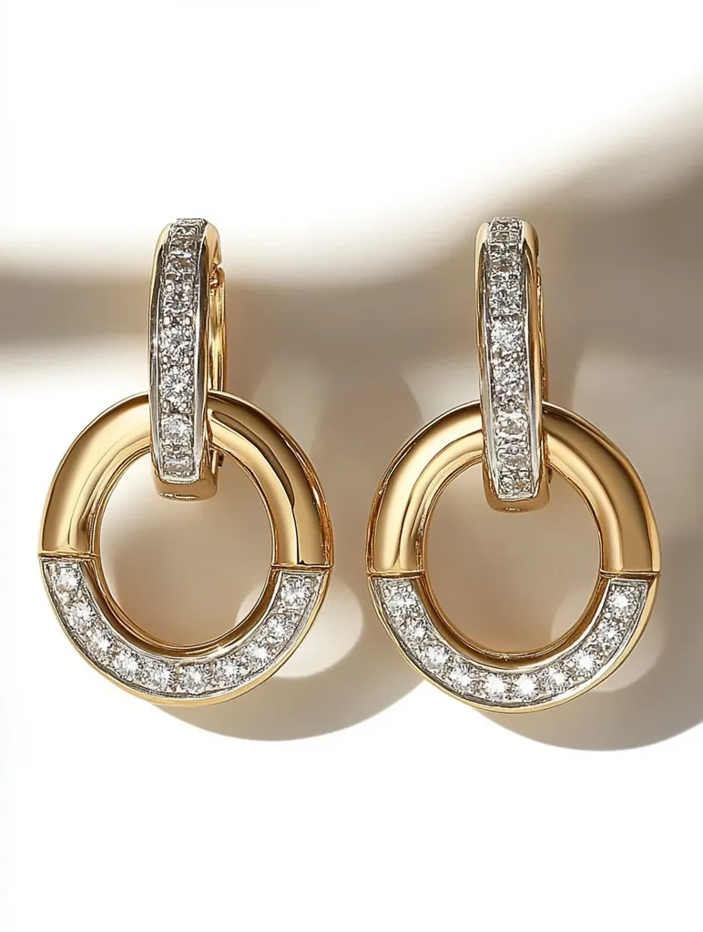 A pair of elegant gold earrings with a unique design.  Each earring is composed of two interlocking circles, the outer one encrusted with tiny diamonds that form a continuous line around the entire circumference. The inner circle is plain gold. The earrings have a simple yet sophisticated look.