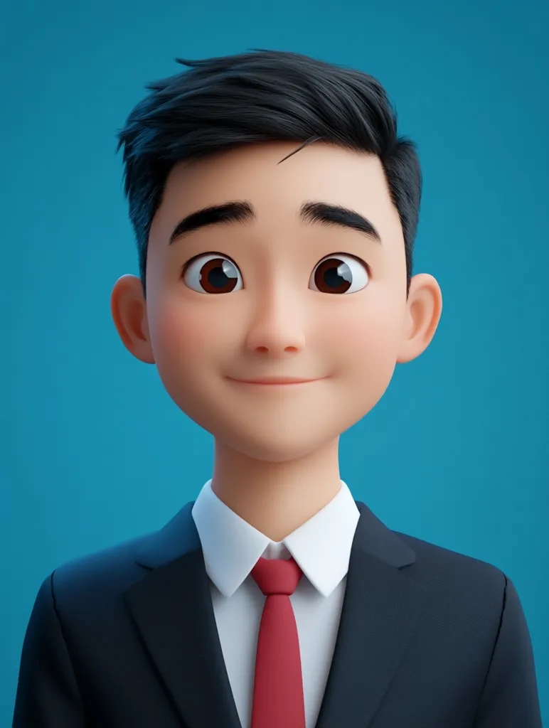 The image depicts a cartoon man with dark hair and brown eyes. He is wearing a dark suit with a white shirt and a red tie. He has a slight smile on his face and appears friendly and approachable. The background is a solid blue color.  The cartoon style gives him a youthful and approachable demeanor.