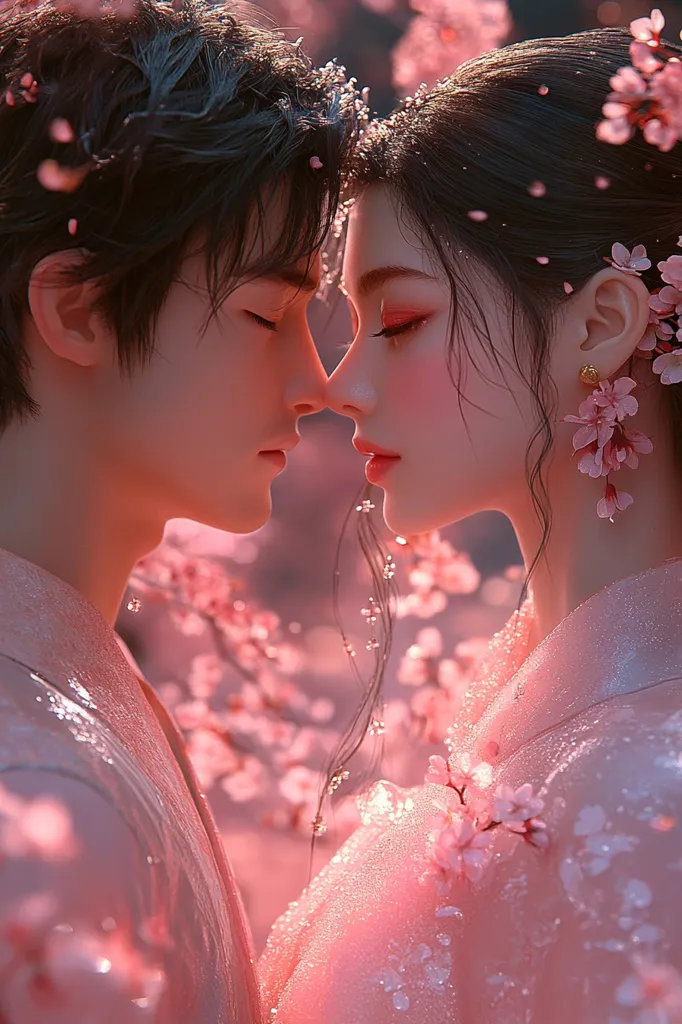 A young man and woman are facing each other with their foreheads touching. The man has dark hair and the woman has long black hair with pink flowers. Their faces are soft and their eyes are closed. They are surrounded by a delicate, pink, blooming cherry blossom tree, and the light shines through the petals. The scene is romantic and soft.