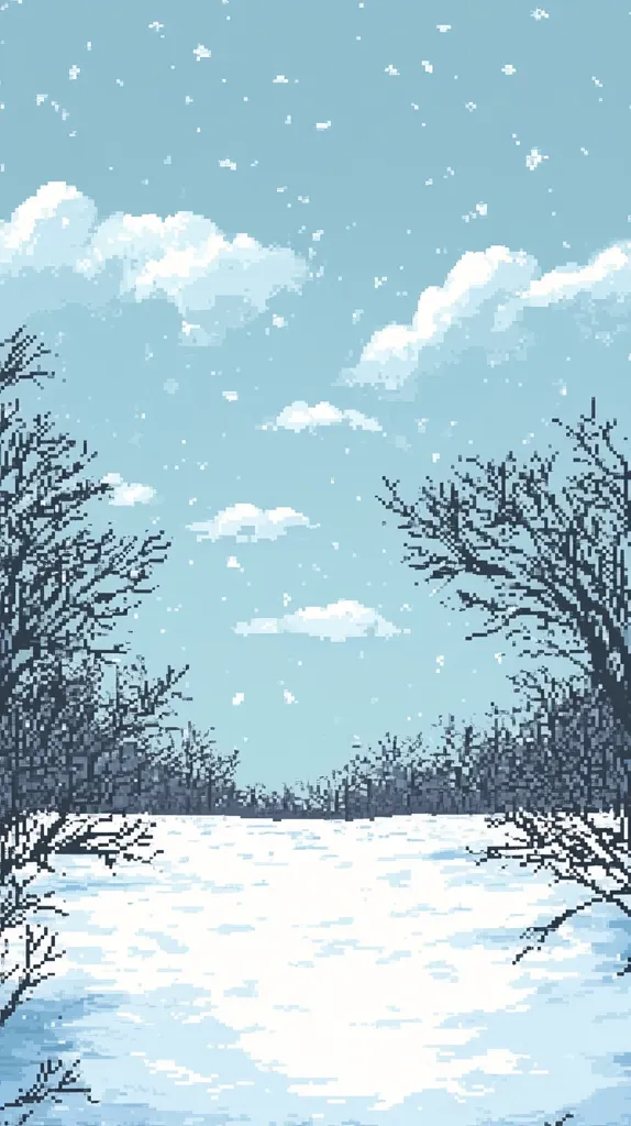 The image depicts a wintery scene with a snow-covered landscape. The sky is a pale blue with fluffy white clouds and a light snowfall. Bare trees stand tall on either side of the frame, their branches reaching towards the sky. The scene is serene and tranquil, with a sense of peace and quiet. The pixelated art style gives the image a unique and charming aesthetic.