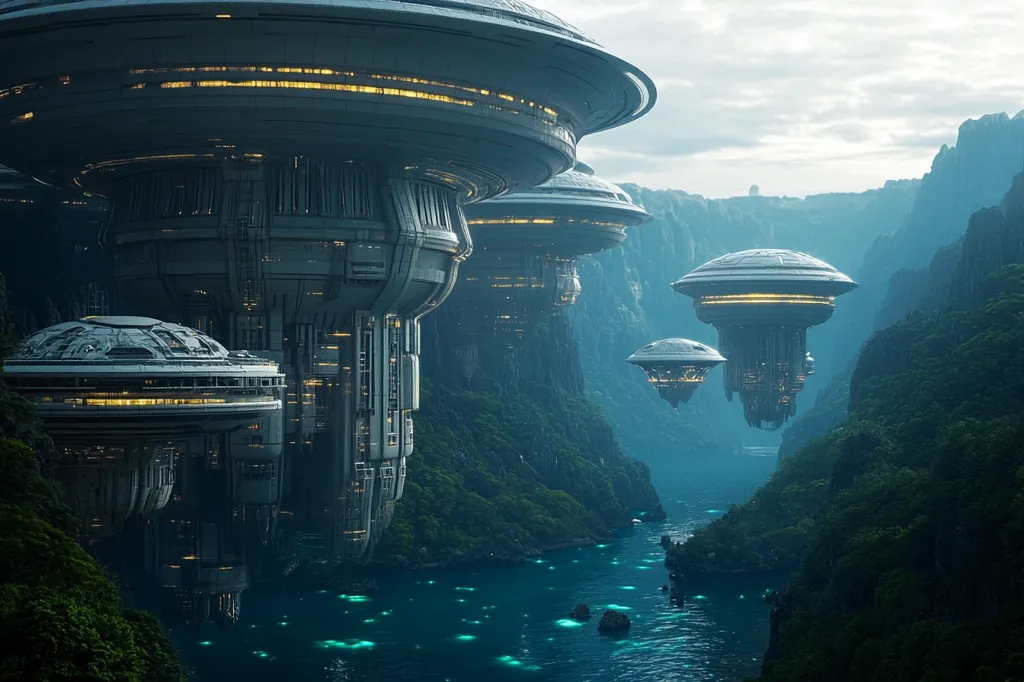 The image depicts a futuristic city built on tall, cylindrical structures that resemble large, flying saucers. The city is nestled between two towering cliffs, with a winding river flowing through the valley below. The structures are intricately detailed, with windows and balconies, suggesting that they are inhabited. The sky is a soft blue, with wispy clouds, and the river glistens with a faint glow. The image creates a sense of wonder and possibility, as if this city is a glimpse into a future world.
