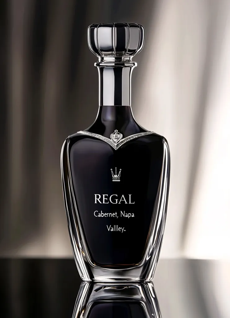 The image shows a bottle of wine with a regal design. The bottle is dark glass and has a silver crown on the front. The bottle is labeled "REGAL Cabernet, Napa Valley." It is sitting on a reflective surface. The image is shot in a studio with soft lighting.