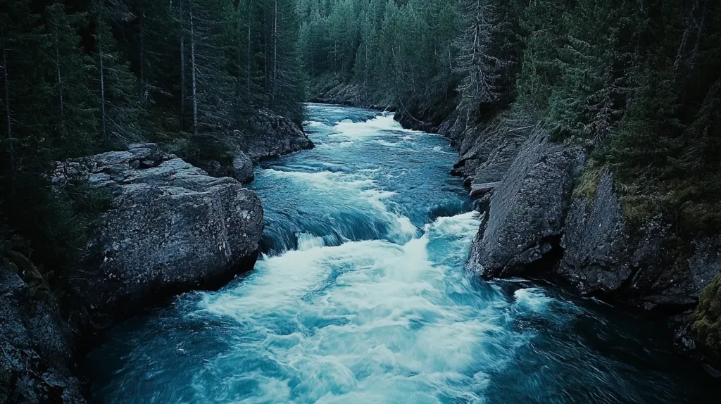 A rushing river carves through a dense forest, its turquoise water churning against dark rocky banks. The surrounding trees stand tall and imposing, their dark green foliage creating a sense of mystery and solitude. The scene evokes a sense of wild beauty and untamed power.