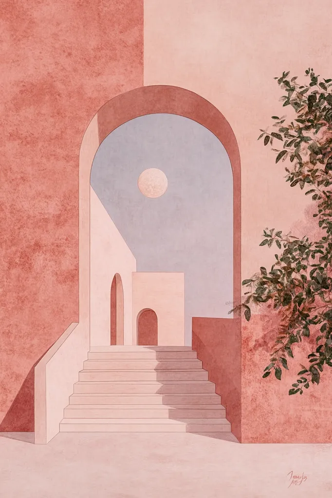 An illustration of a minimalist architectural scene. A set of steps leads up to a doorway framed by an arched passageway. The walls are a soft pink, and the sky is a pale blue with a single, white moon. A single branch with green leaves peeks in from the right side of the image.  The scene is rendered in a simple, geometric style.