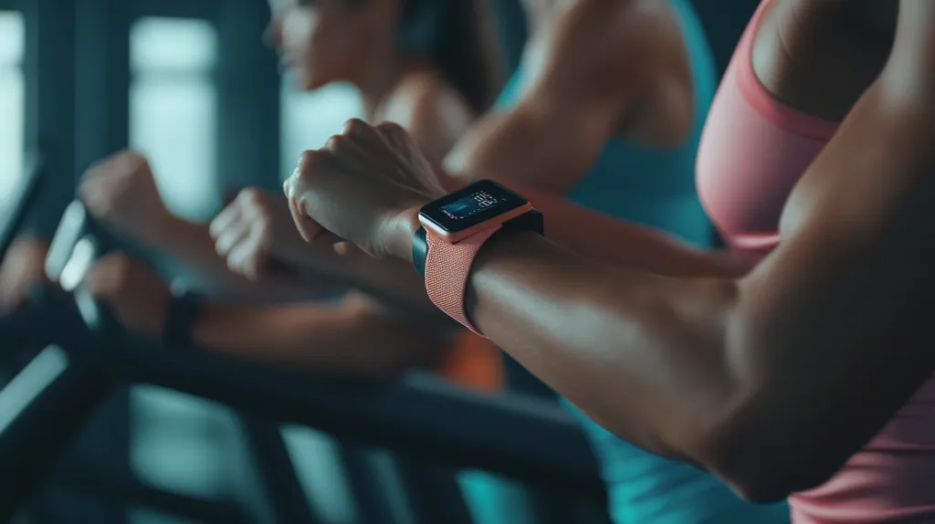 A woman in a pink tank top exercises on a stationary bike, her arm extended, showcasing a smartwatch on her wrist. The watch face displays a digital timer. The background blurs, revealing another person on a similar machine, signifying a shared workout experience. The image emphasizes fitness and technology in a modern gym environment.