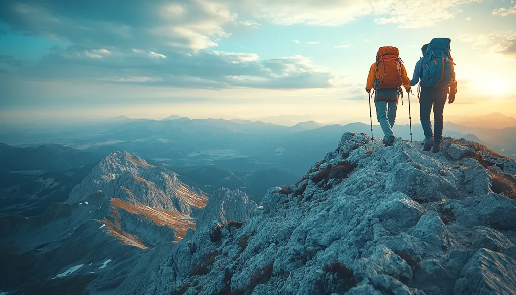 Two hikers stand on a rocky mountaintop, their backs to the viewer, gazing at a breathtaking view of a vast mountain range. The sky is a soft blue with fluffy white clouds, and the sun is setting in the distance, casting a warm glow on the scene. The hikers are wearing backpacks and carrying trekking poles, suggesting they have just completed a challenging hike. The image evokes a sense of adventure, accomplishment, and the beauty of nature.