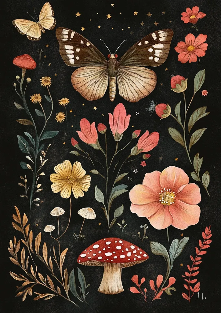 A dark background features a large, intricate butterfly with brown wings, and a small white butterfly. Lush green foliage, small yellow flowers, a large pink flower, red mushrooms and tiny white mushrooms are scattered throughout the image. A cluster of small red flowers are at the bottom right corner. Golden stars are subtly scattered throughout the composition.