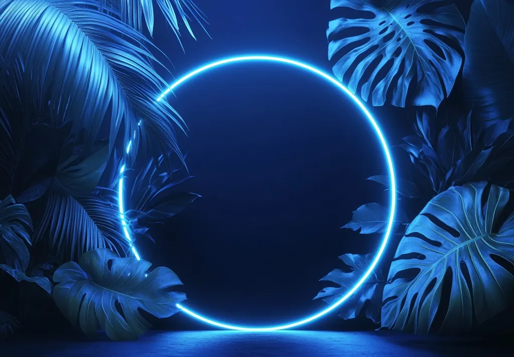 The image shows a bright blue neon circle light surrounded by lush tropical foliage. The leaves are dark green, creating a striking contrast with the vibrant blue light. The background is a dark blue, creating a moody and atmospheric feel. The image evokes a sense of mystery and intrigue.