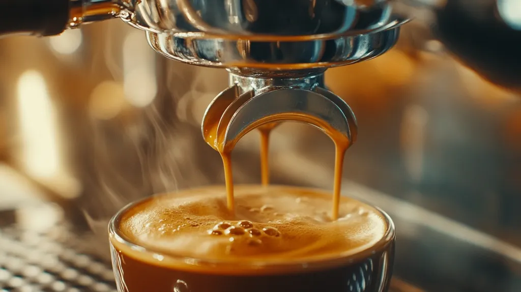 A close-up shot of a coffee machine pouring a rich, dark espresso into a clear glass cup. The coffee is steaming and bubbling as it fills the cup, creating a delightful visual. The machine's chrome accents and the warmth of the coffee create a visually appealing scene. The background is blurred, focusing attention on the freshly brewed coffee.  The image captures the essence of a perfect cup of coffee, inviting the viewer to imagine its aroma and taste.
