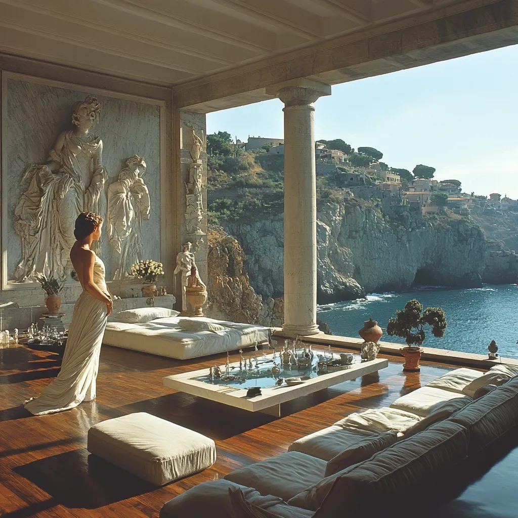 The image shows a luxurious living room with a stunning view of the Mediterranean Sea. A woman in a white dress stands near a large window, admiring the view. The room is decorated with white couches and a glass-top coffee table, with a small potted tree adding a touch of nature. The walls are adorned with classical sculptures, and the floor is made of polished wood. The view outside the window showcases a rocky coastline, turquoise water, and a small village nestled into the hills. The overall atmosphere is serene and elegant, capturing the essence of a peaceful retreat.