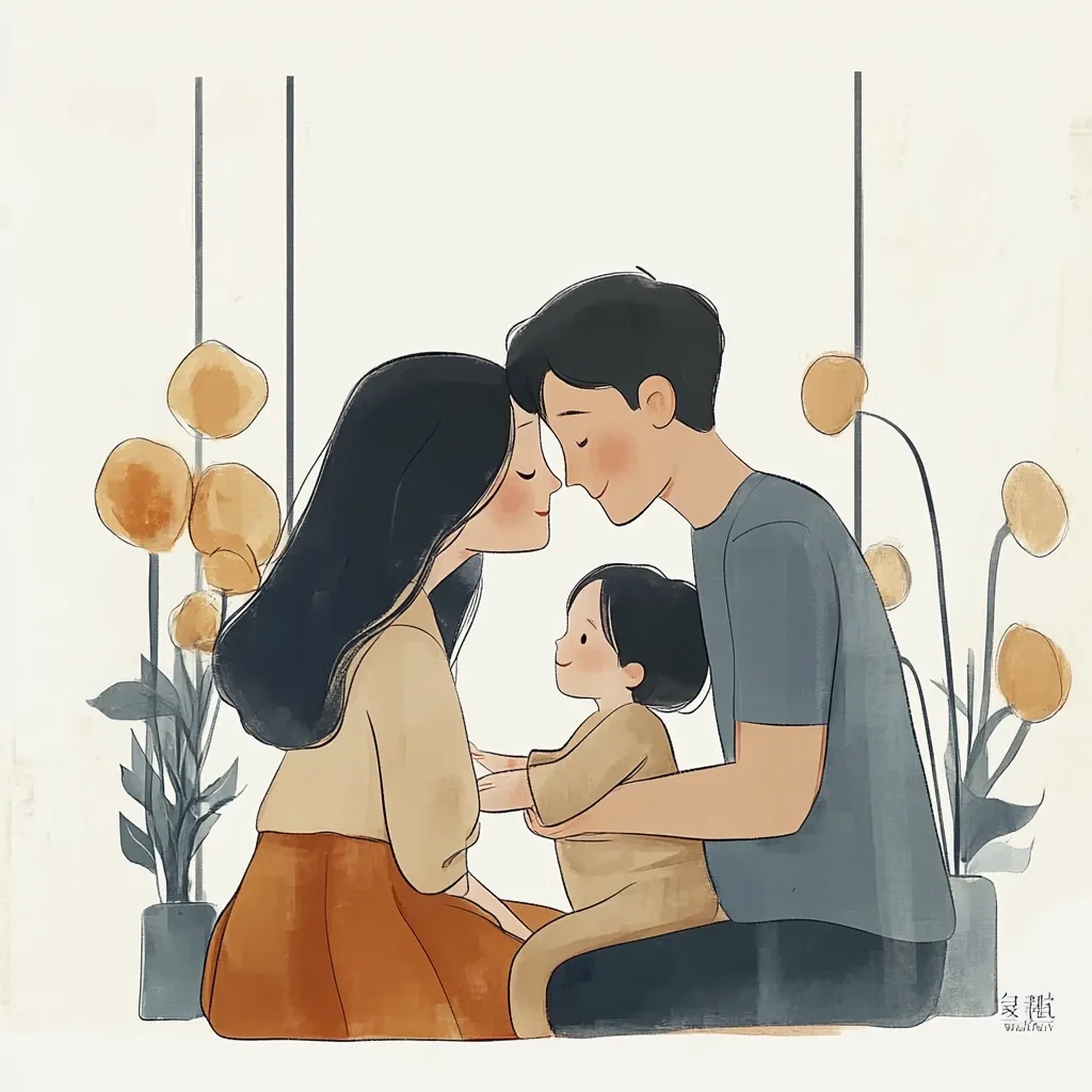 The illustration depicts a loving family. A father and mother, dressed in casual clothes, are leaning in to kiss, their foreheads touching. Their young child sits on the mother's lap, reaching out to touch them. The family is surrounded by stylized flowers, suggesting a joyful and loving atmosphere. The image portrays the tender bond between parents and their child, and the warmth of family life.