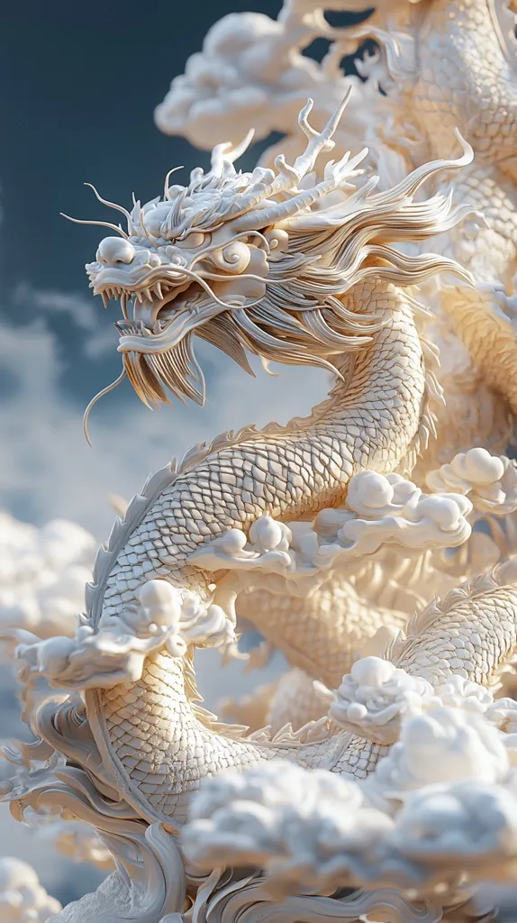 The image is of a white, intricately sculpted dragon. Its body is curled, seemingly rising from clouds. Its scales are visible, and it has an elegant, flowing mane. The dragon's sharp claws and teeth are also visible, giving it a fierce and powerful presence. The image is likely a 3D rendering, and the light plays off the dragon's white surface, creating a sense of ethereal beauty.
