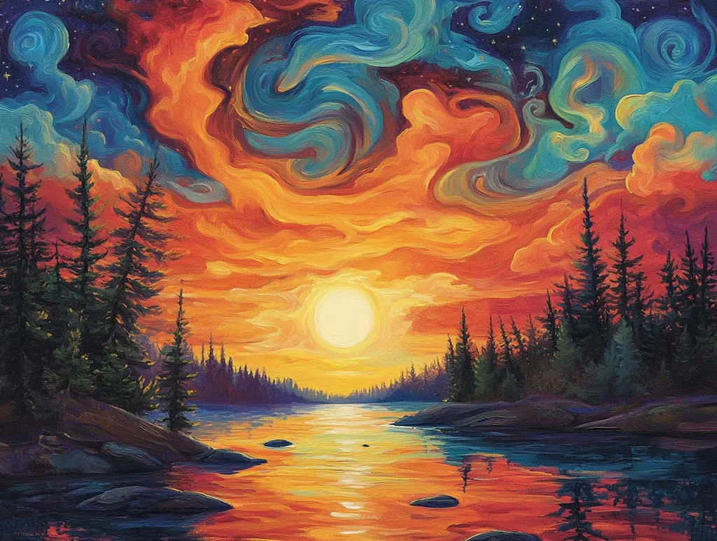 The painting depicts a serene sunset over a still lake, surrounded by a dense forest. Vivid hues of orange, red, and blue paint the sky, creating a dreamlike atmosphere. The sun, a glowing orb, illuminates the water's surface, reflecting the fiery colors above. Silhouettes of pine trees stand tall along the shoreline, adding depth and mystery to the composition. The overall effect is one of peace and tranquility, inviting the viewer to contemplate the beauty of nature.