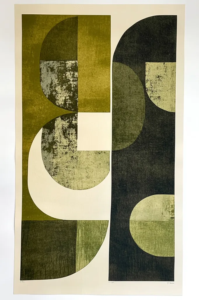 The artwork is an abstract composition of geometric shapes in various shades of green and black. The shapes appear to overlap and intersect, creating a dynamic and visually engaging pattern. The rough texture of the surface adds depth and dimension to the piece, hinting at the use of a printmaking technique like woodblock or linocut. The overall effect is one of bold simplicity and understated elegance.