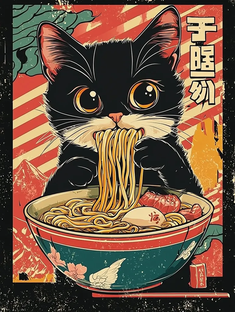 The image is a stylized illustration of a black cat eating ramen noodles. The cat has large, round eyes and is wearing a white bib. The ramen bowl is decorated with a red rim and blue and green floral patterns. The background is a red and white striped pattern.  The image is set in a Japanese aesthetic with Chinese characters at the top of the image.  The style of the illustration is a blend of traditional Japanese art and contemporary graphic design.