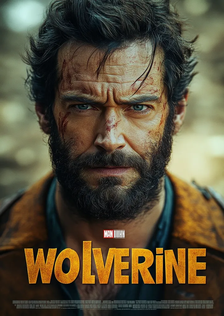 A close-up portrait of Wolverine, a superhero known for his adamantium claws and fierce determination. His face is intense, showing the weight of his past and the battles he has fought. The title "Wolverine" is prominently displayed in bold, yellow letters, adding to the image's sense of power and danger. The overall effect is gritty and raw, reflecting the character's savage nature.