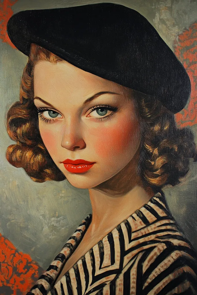 The painting depicts a woman with auburn hair styled in loose waves. She is wearing a black beret and a striped black and white jacket. Her eyes are striking, with bright blue irises and thick eyelashes. The woman's lips are painted a bright red, and she has a soft, rosy blush on her cheeks. Her expression is cool and composed, with a hint of mystery. The painting is done in a realistic style, with soft brushstrokes and a warm color palette.