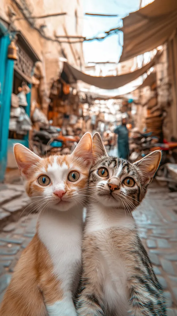 Two adorable kittens are huddled together in a narrow alleyway, their fur contrasting beautifully. The orange and white kitten is on the left, while the tabby kitten is on the right. The alley is bustling with activity, but the focus is on the cats' sweet expressions and cuddly stance. The background is a blur of shops and buildings, suggesting a vibrant market setting. The kittens' playful gaze and affectionate closeness create a heartwarming scene.