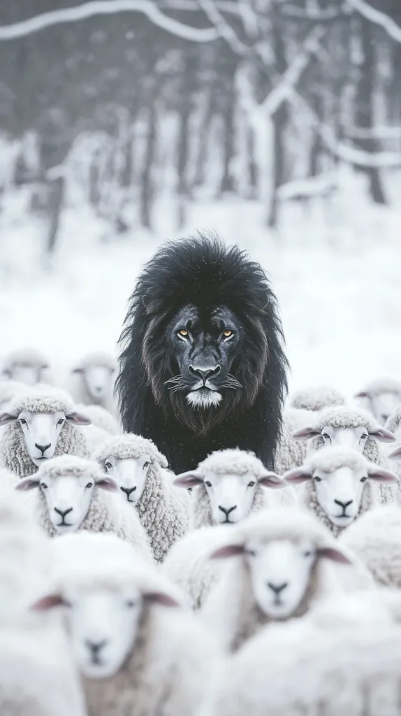 A black lion with piercing yellow eyes stands in front of a flock of white sheep in a snowy field. The lion's mane is thick and full, contrasting sharply with the sheep's fluffy white wool. The background is blurred, focusing attention on the lion and sheep. The image evokes a sense of power and contrast between the predator and its prey.