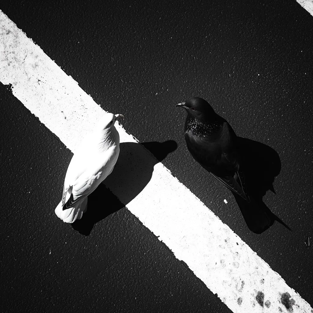 A black and white photograph of a black and white pigeon, looking at each other on the opposite side of a white line painted on a black asphalt surface.  The white pigeon is on the left side of the photo. The black pigeon is on the right side of the photo. The photo is taken from a high angle. The pigeons are the only subject in the photo. The photo is in black and white.