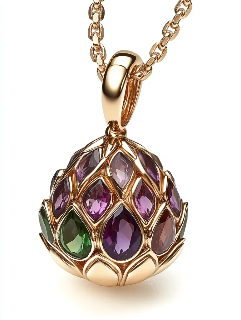 A gold necklace with a pendant shaped like an artichoke. The pendant is adorned with numerous amethyst, pink, and green gemstones. The necklace's chain is simple and elegant, adding to the overall refined look of the piece.  The image is shot against a plain white background, highlighting the necklace's intricate details.