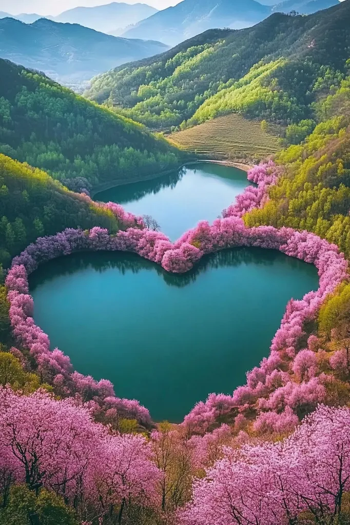 A stunning aerial view of a heart-shaped lake nestled within a lush valley. The lake's turquoise water is surrounded by vibrant pink cherry blossoms, creating a breathtaking spectacle of nature's beauty. Rolling green hills rise in the background, adding depth and grandeur to the scene. The image evokes a sense of tranquility and wonder, capturing the captivating harmony of nature.